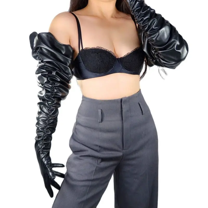 

Touchscreen Extra Long Gloves Female 100cm Big Sleeve Loose Pile Up Sleeves Folds Black Faux Leather Women Gloves Man WPU318