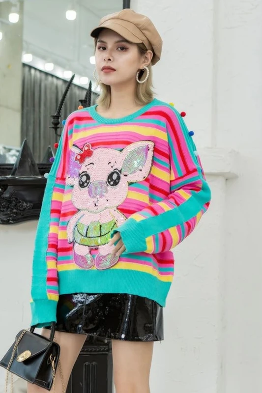 

Women's Knit Sweater Thai Tide brand Cartoon Applique Sequins Personality Sweater Women Loose Ageing Knit Top