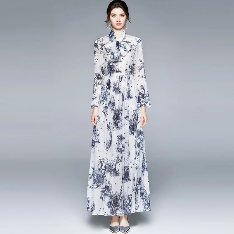 

Женское праздничное пляжное платье макси, элегантное шифоновое платье в арабском стиле с длинным рукавом и винтажным цветочным принтом для...