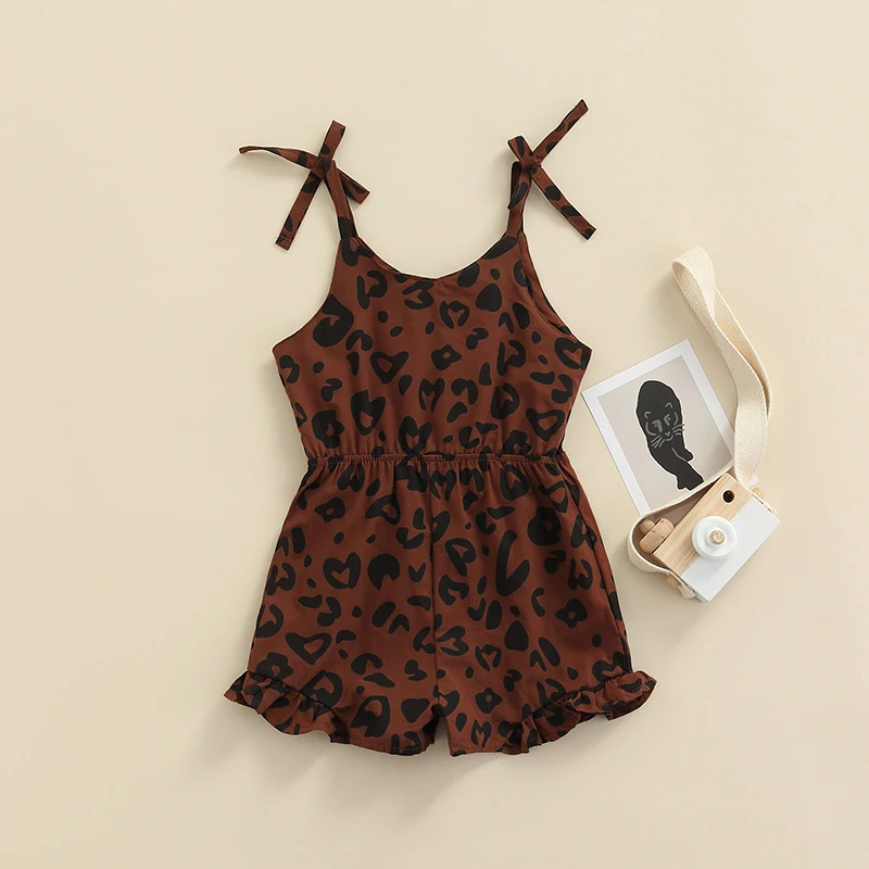 

0-24 Months Cool Baby Girl Leopard Romper, v Neck Suspender Bow Knot Buttoned Romper Short Pants, Kids Clothing