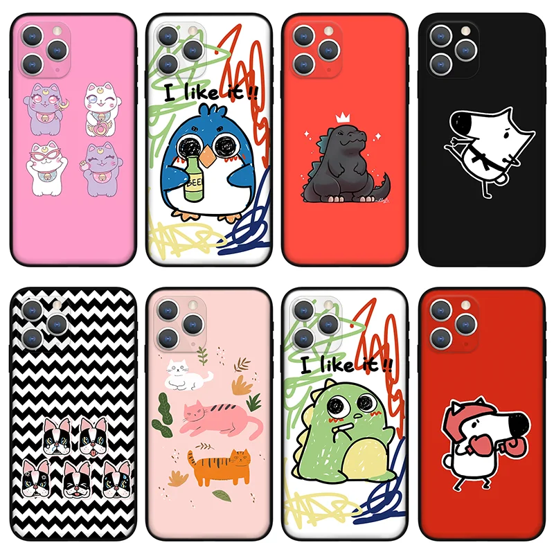 

Cute animal Phone Case For iPhone 11 12 Pro Max X XS XR Xs Max Mini 6 6s 7 8 Plus se black Silicone Case