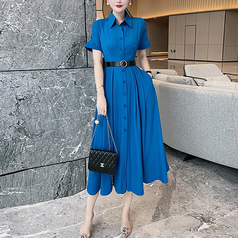 

High Quality Fashion New New Summer Women'S Designer Vintage Elegant Office Casual Midi Single Breasted Short Sleeve Shirt Dress