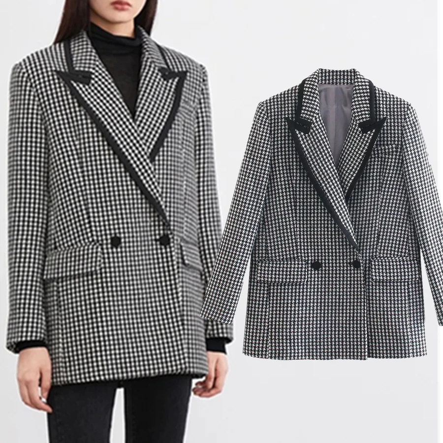 

Dave&Di Blazer Women 2021 England Style Fashion Retro Color Women Blazers And Jackets Contrast Houndstooth Double Breasted Tops