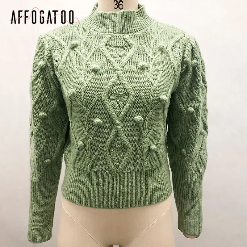 Affogatoo Casual turtleneck hairball women sweater Autumn winter lantern sleeve knitted female Streetwear lady pullover | Женская одежда