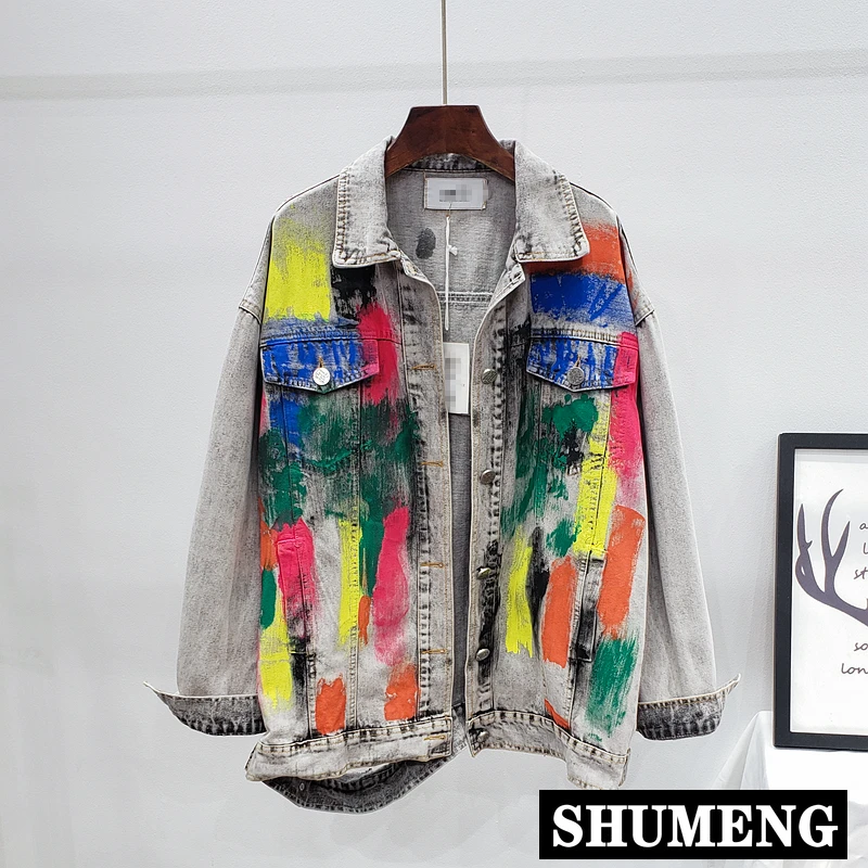Женская джинсовая куртка в стиле ретро свободная с принтом граффити ковбойская