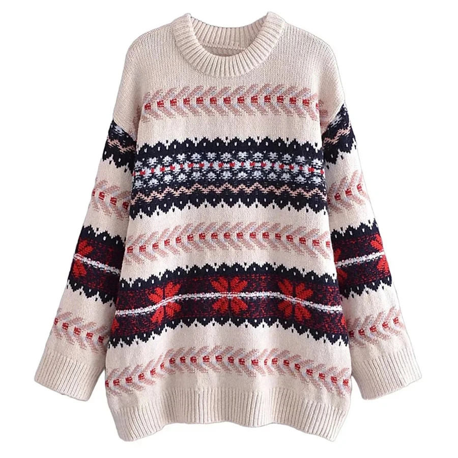 

Jenny&Dave Pullovers Tops Indie Folk Winter Sweaters Women Vinatge Jacquard Weave Loose O-neck Fashion Christmas Sweaters Women