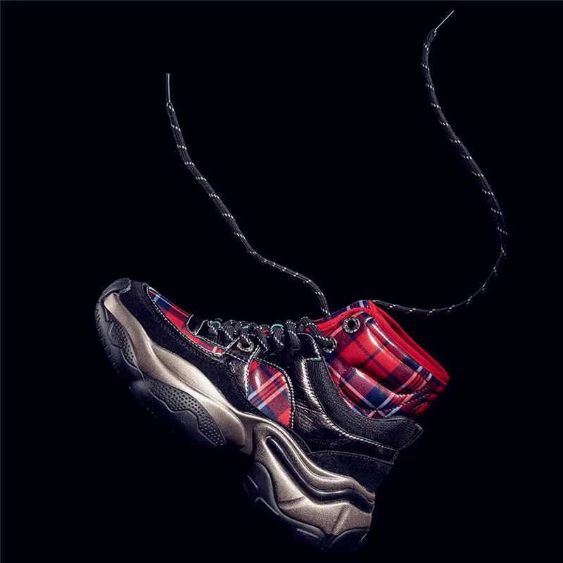 Mobetty/Женская обувь на массивном каблуке Модные кожаные кроссовки Блестящие