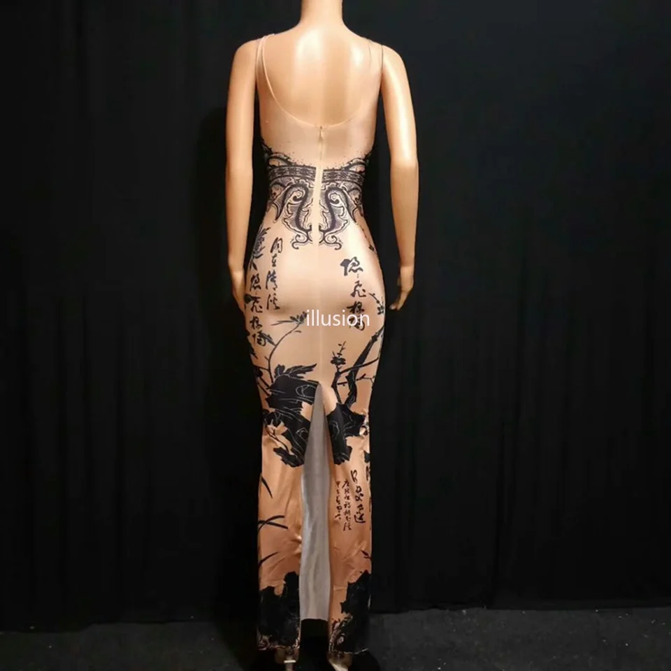 Женское длинное платье с принтом бамбука блестящее прозрачное сценическое