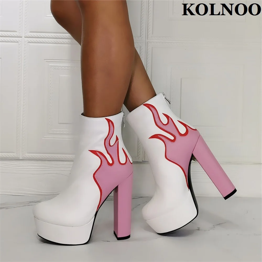 

Kolnoo New Style Women Handmade Chunky Heel Boots Fire Designed Platform Ankle Booties Large Size US5-15 Xmas Fashion Prom Shoes