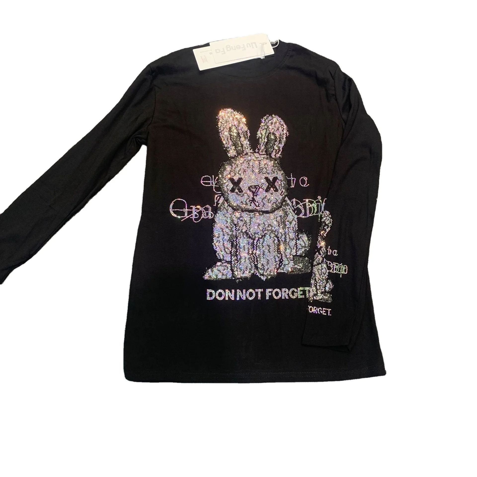 

20 New High Elastic Round Neck Pullover T-shirt Long Sleeve Women's Versatile Hot Drill Rabbit European Black Foreign Style Base