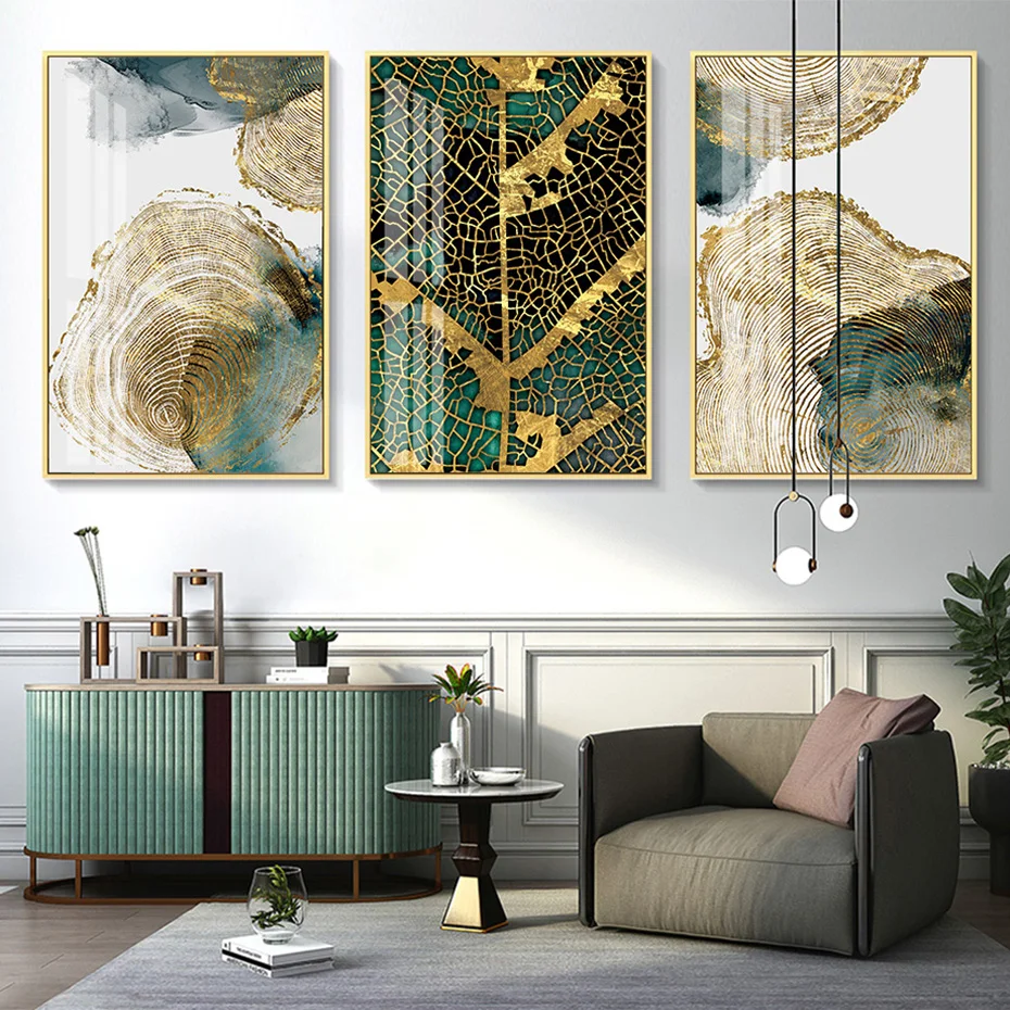 Modern Abstract Gold Green Leaf Trail Annual Ring Poster Canvas Painting Wall Art Prints Picture Living Room Bedroom Home Decor | Дом и сад