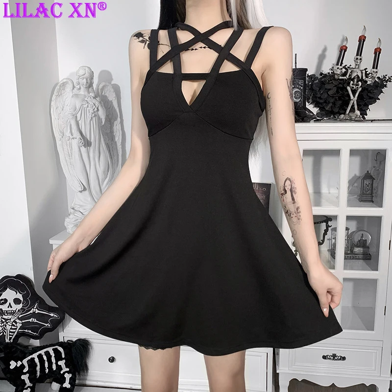 

Gothic Black Halter Hollow out Mini Dress Harajuku Aesthetic Bandage Backless A Line High Waist Party Dresses for Women Summer