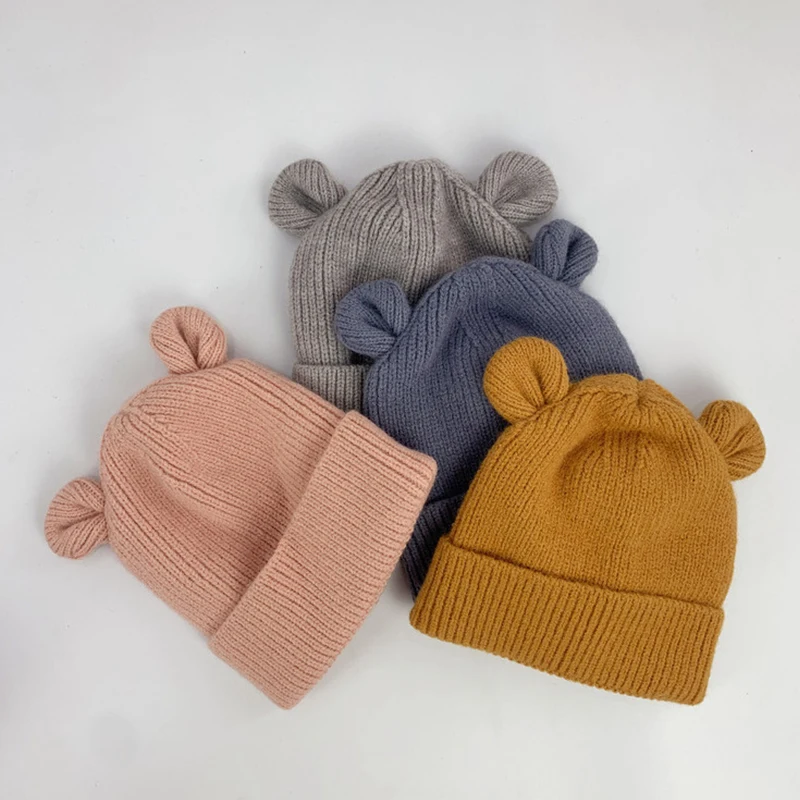 

Cute Cartoon Bear Ear Baby Hat Winter Soft Warm Knitted Beanie Solid Color Infant Toddler Cap Bonnet Kids Caps Boy Girl Hats