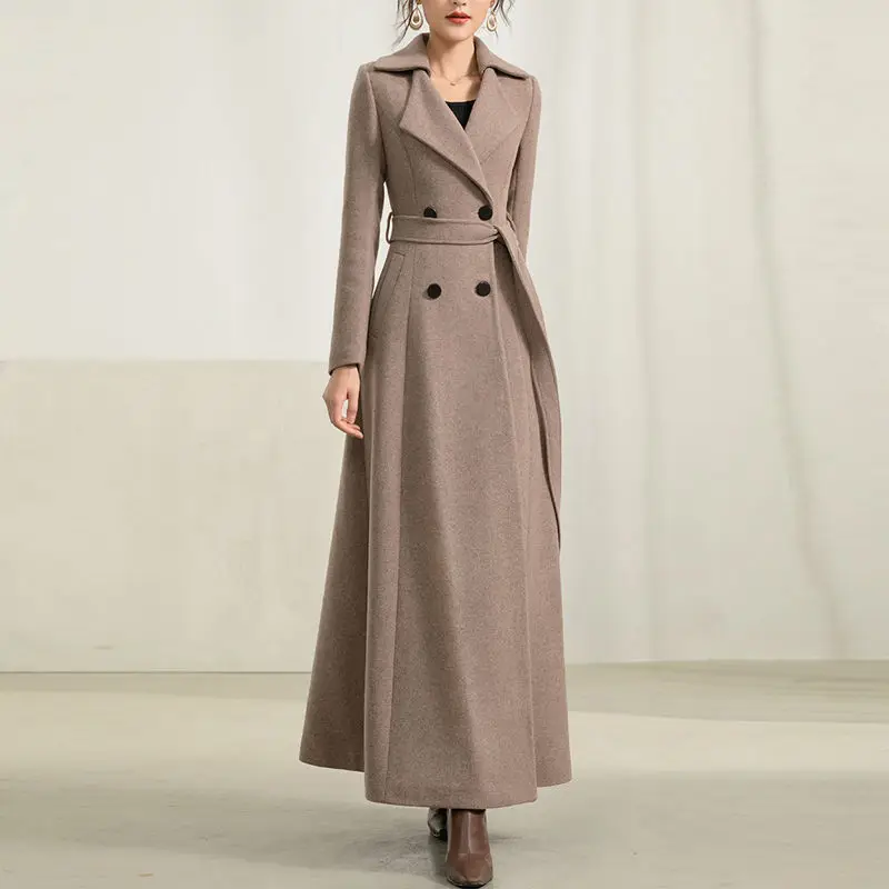 Женское зимнее длинное шерстяное пальто элегантное двубортное с отложным