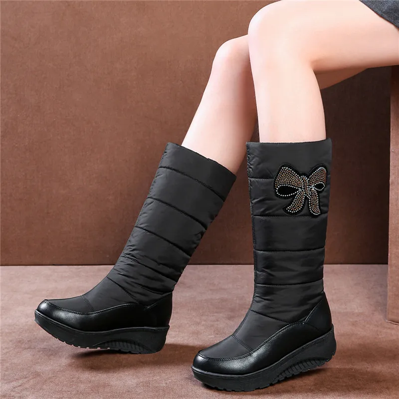 ASUMER/Большие Размеры 35-44 и выше, стразы, Элегантные Зимние сапожки с бантом, Зимние ботинки женская обувь на толстой подошве; ботинки на платформе до середины икры женские ботинки на меху туфли из хлопка