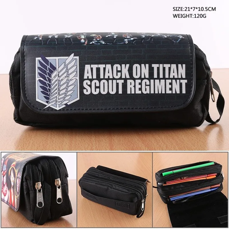 

Anime Attack on Titan Durable Pencil Case Shingeki no Kyojin Purse Double Zipper Flip Cover Pen Bags Creative Stationery bag