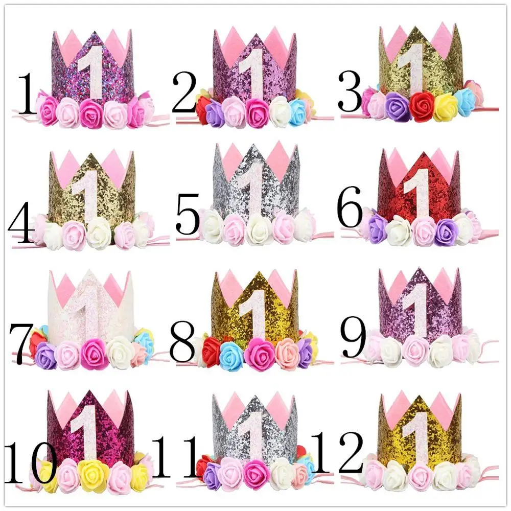 

10PCS/Lots Baby Girl 1st Birthday Party Cake Hat Princess Tiara Crown Sparkle Hats with Artificial Rose Flower Photography Props