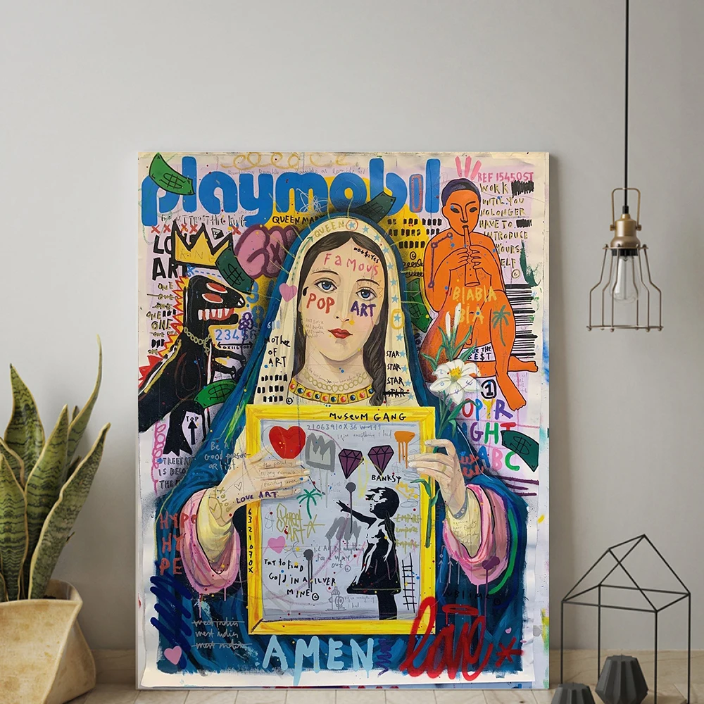 

Graffiti Art Love Ball Van Virgin Mary Canvas Painting Collaga Print Poster Wall Picture For Living Room Home Decoration Cuadros