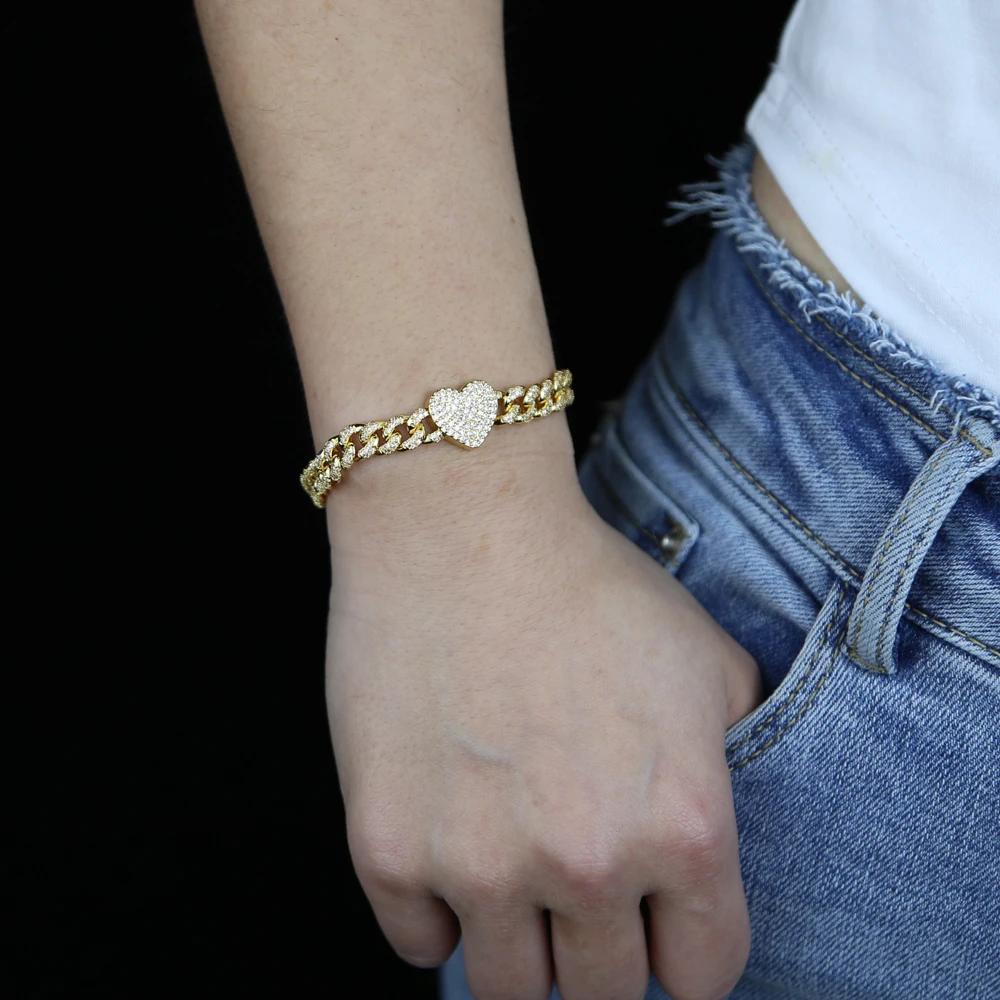 

Льдом женские кубинская цепь с 5A с украшением в виде кристаллов cz вымощенное сердце, очаровательный браслет для женщин, девушек, в стиле «хи...