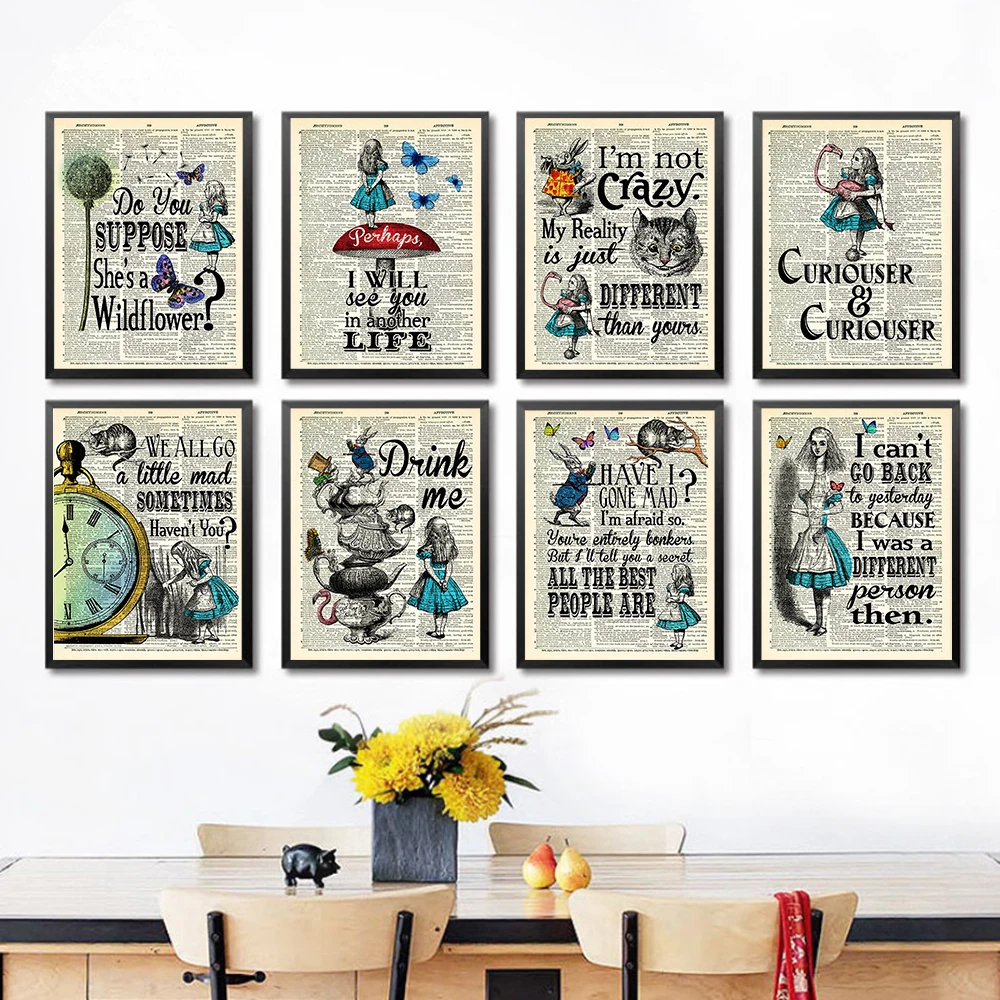 

Alice In Wonderland Wall Art Poster Illustration Quotes Art Print Canvas Painting Living Room Home Decoration Picture and Mural