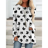 cat midi long sleeve t shirt for women clothing 2021 autumn new fashion crew neck casual loose top tee oversize pullover tunic