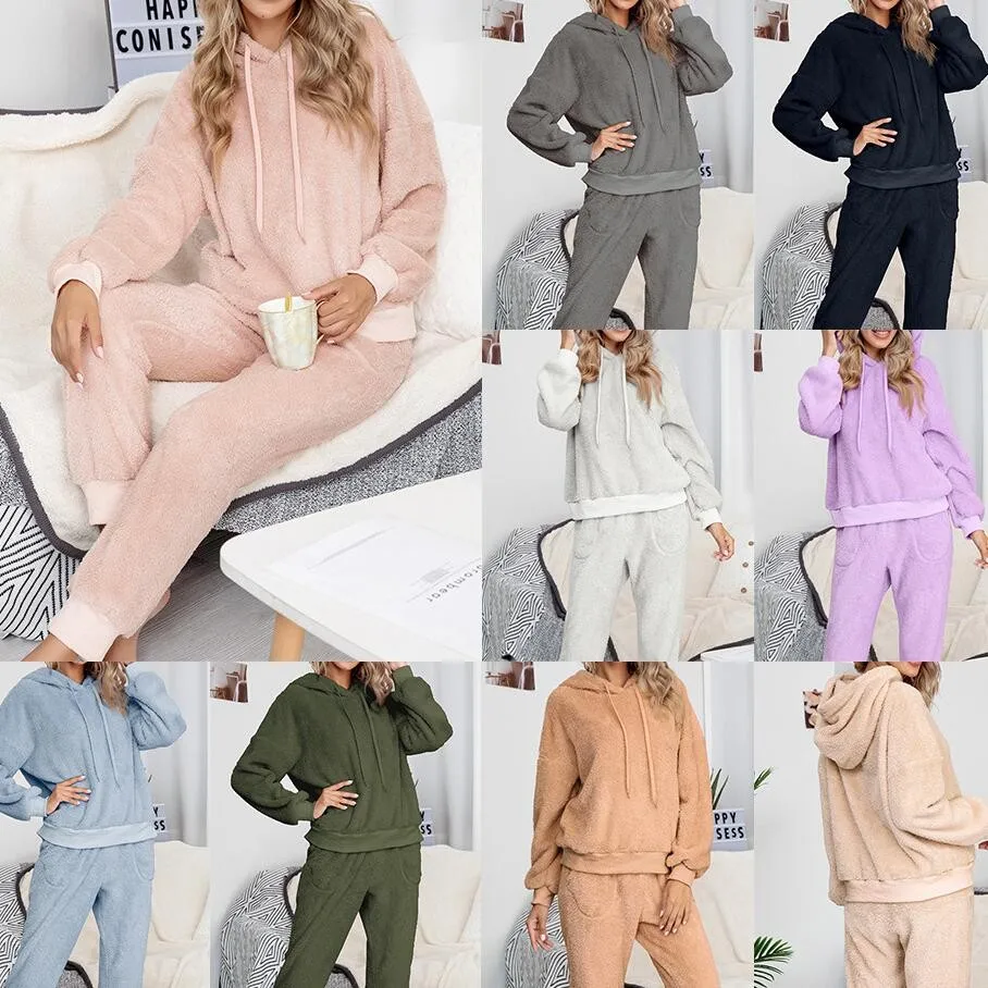 

Womens Thick Warm Double Fleece Suit 2020 Autumn Winter Two Pieces Set Hoodies Sweatshirt Pants Solid Tracksuits Casual Homewear
