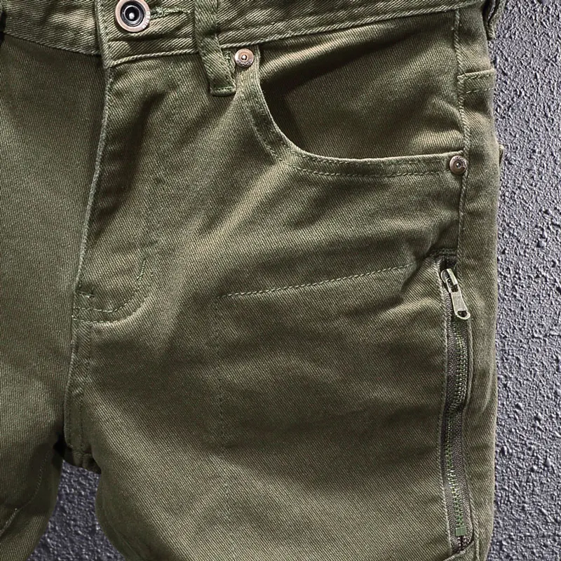 Korean Style Fashion Men Jeans Army Green Elastic Slim Fit Spliced Designer Biker Jeans Men Streetwear Hip Hop Denim Pants Homme