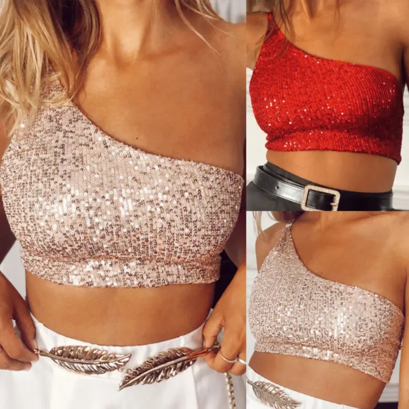 

Fashion Camis Women Summer Sexy Sequined Sleeveless One Shoulder Tank Top Lady Club Sequins Crop Tops