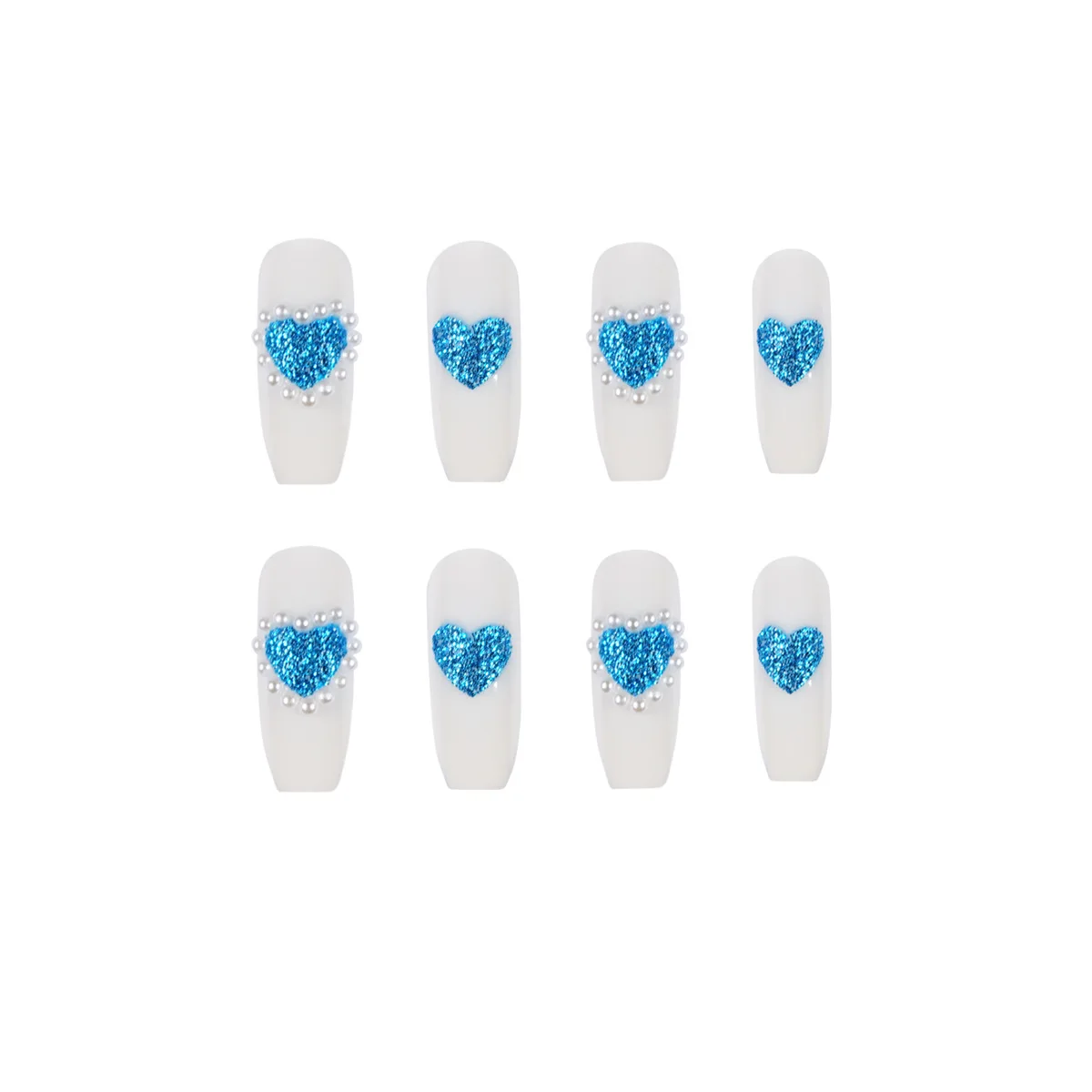 

Fake Nails Long Glitter Blue Heart Full of Pearl Nail Stickers Finished Nail Stickers 24 Nail Stickers With Glue STTX889