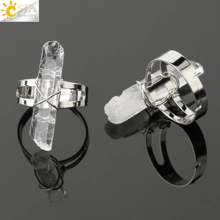 CSJA Women Ring Natural Stone Irregular Crystal Silver Color Wire Wrapped Adjustable Open Rings Reiki Fashion Jewelry Party G559 | Украшения