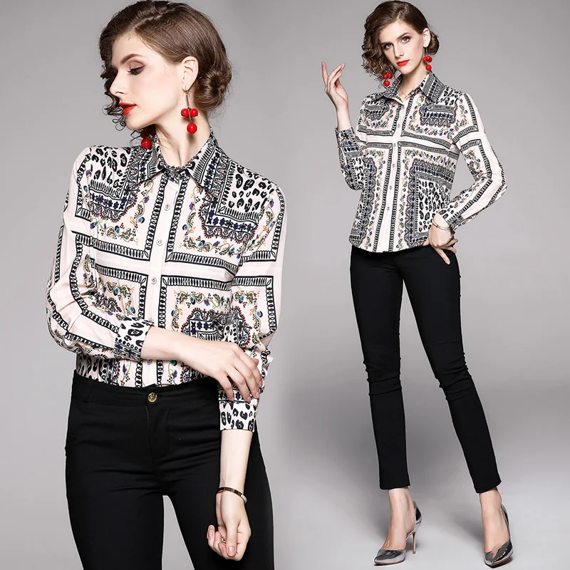 

Women Blouses And Tops 2020 Summer flora Print Runway Long Sleeve Shirt Ladies Collar Elegant Vintage Office Shirts