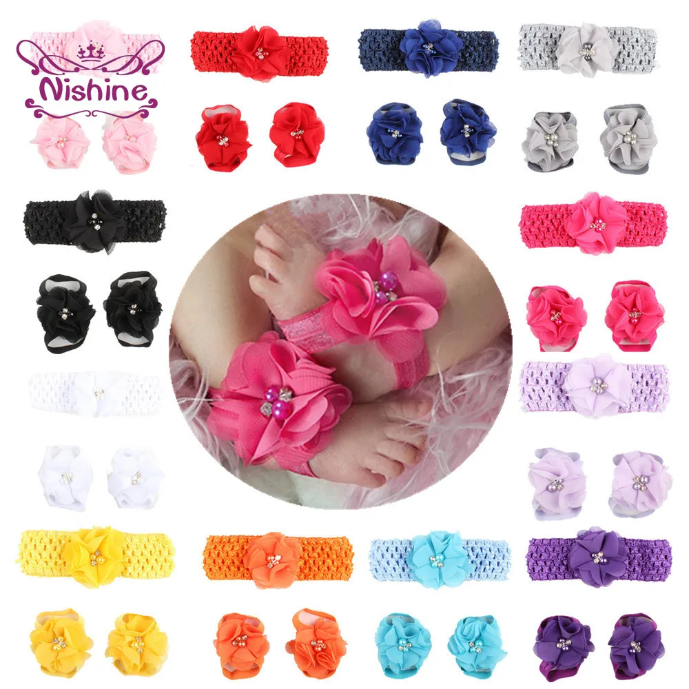 

Nishine Knitted Newborn Baby Girls Flora with Pearl Headband and Flower Barefoot Sandal Shoes Set Kids Photography Props