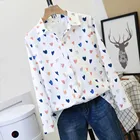 40 # повседневная блузка для женщин модная одежда с длинными рукавами, с отложным воротником, с принтом в виде сердечек в корейском стиле Рубашка повседневная свободная блуза топ Рубашка Женская