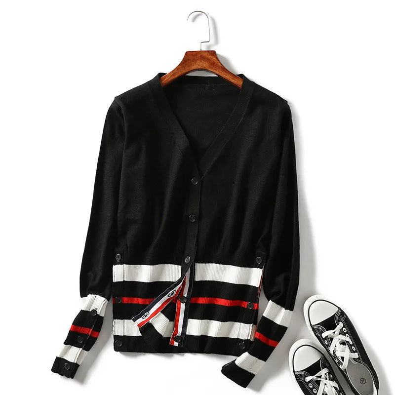 autumn and winter new style V-neck slim long-sleeved Korean knitted women's striped cardigan sweater women |