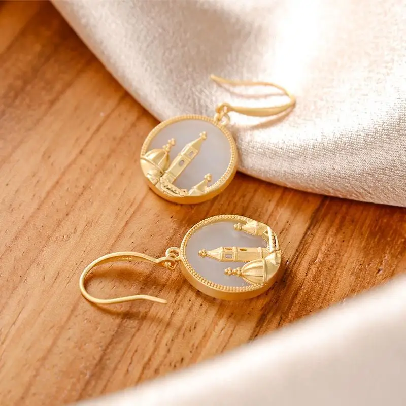 

Original S925 Sterling Silver Gilding Hetian Jade White Jade European Castle Palace Temperament Women's Earrings Eardrop Earring