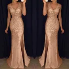 Женские вечерние платья с блестками для выпускного вечера, женское вечернее бальное платье, сексуальное золотистое вечернее платье подружки невесты с V-образным вырезом, Элегантное Длинное Платье