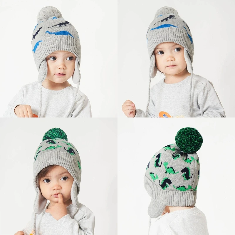 

1Pc Toddler Baby Boys Cartoon Dinosaur Jacquard Beanie Winter Warm Knitted Hat Earflap Children Ear Protection Cap Kids Gift