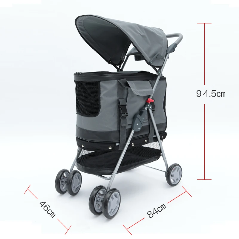 Folding Pet Stroller Lightweight Dog Four-wheeled Cart Rainproof Sunscreen Pet Supplies 600D Oxford Cloth with Removable Canopy