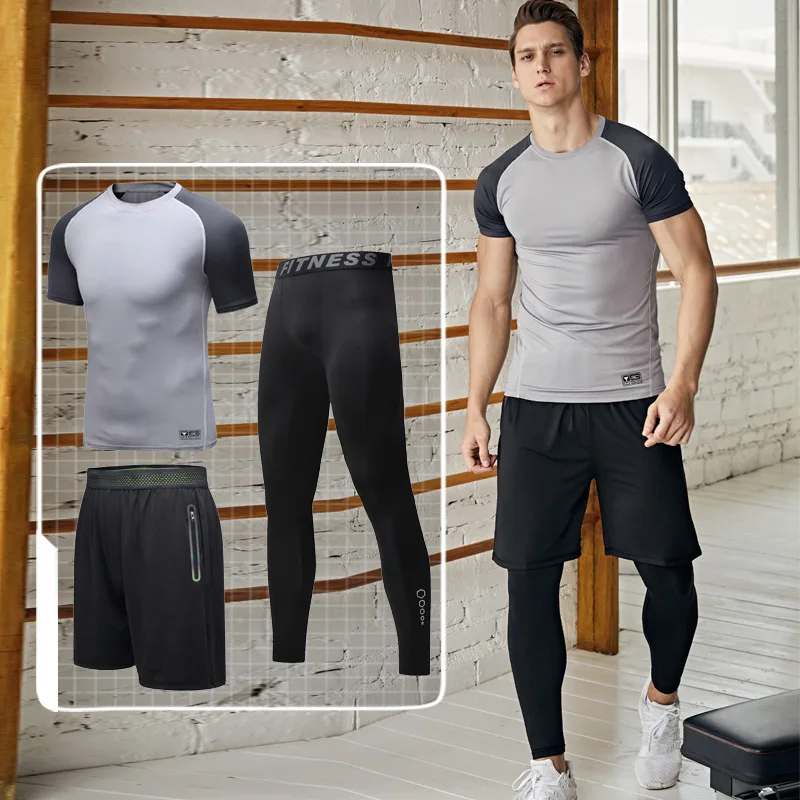 

Tights men's fitness suit running suit gym basketball Leggings short sleeve high elastic training suit