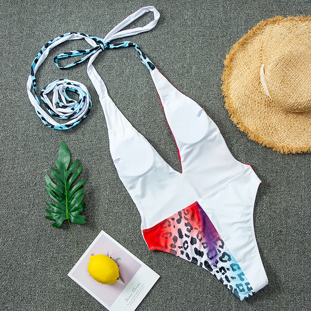 Леопардовый лоскутный цельный бикини сексуальный глубокий v-образный вырез