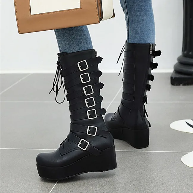 Женские ботинки на платформе PXELENA в готическом стиле шнуровке с пряжкой до