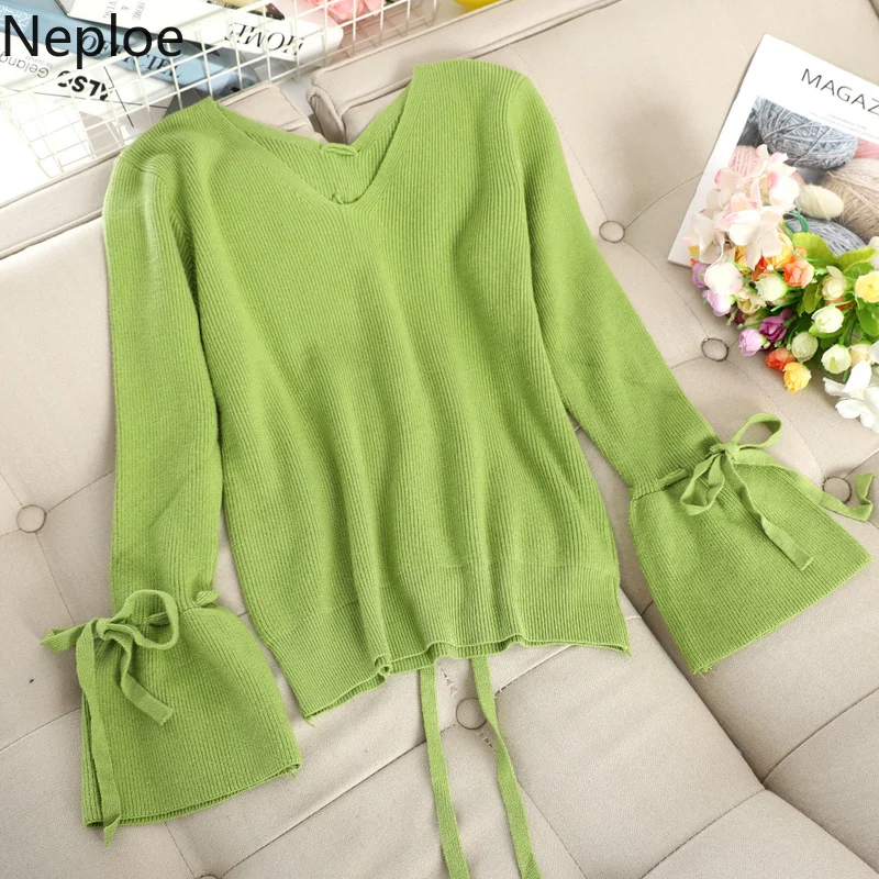 Женский трикотажный свитер Neploe однотонный пуловер с v-образным вырезом длинным