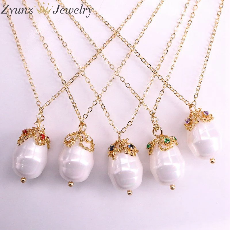 6PCS, Gold Color Flower Cap Nature Mother Of Pearl Shell Drop Pendant Necklace for Women