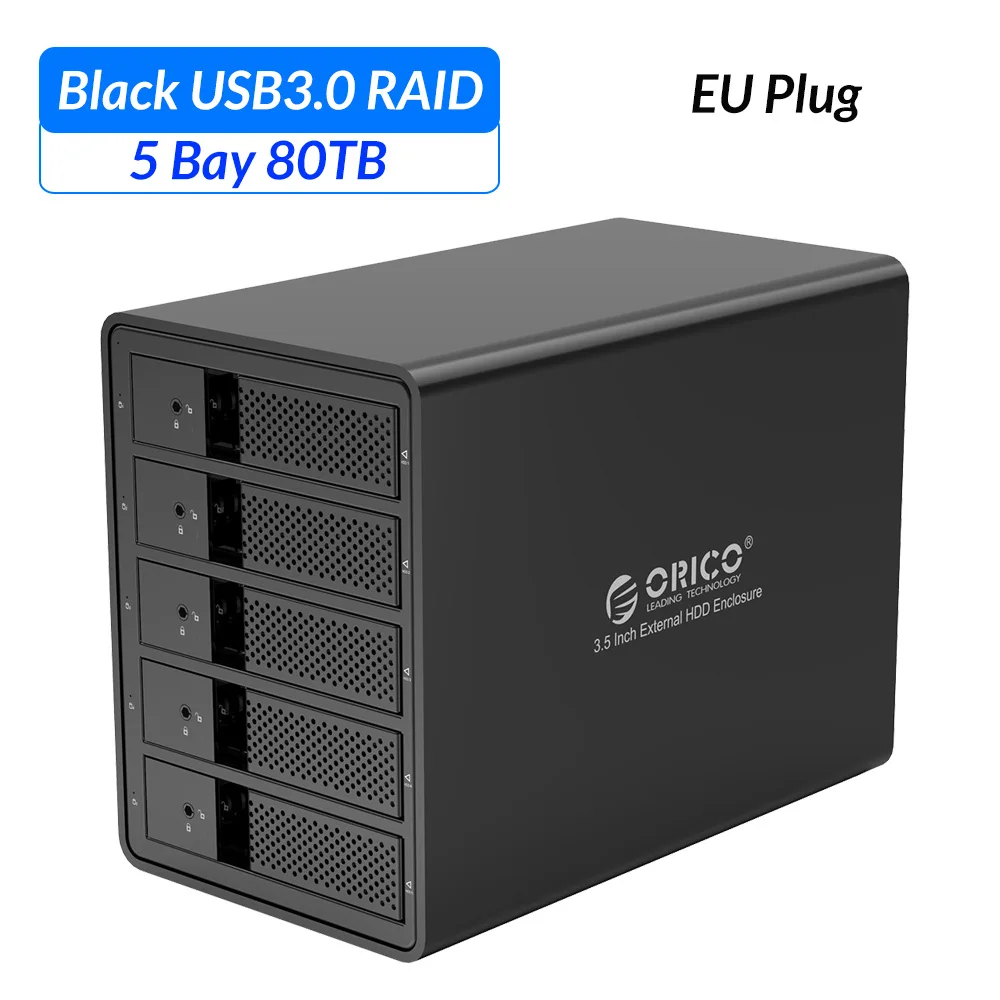 ORICO 3,5 дюймов 5 отсек док-станция для жесткого диска USB3.0 to SATA с RAID алюминиевый корпус для жесткого диска внутренний адаптер питания чехол для жесткого диска - Цвет: Black EU Plug