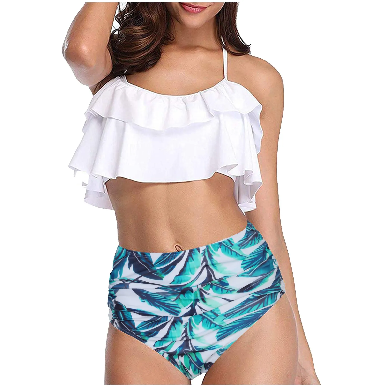 

Women Sexy Bikini Wave Solid Color Cup Split Cover-up Swimsuit Bathing Suit Summer Women Bohemian Style High Waist Beachwear