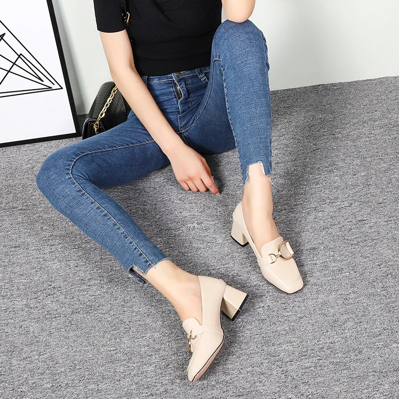 

New Metal Buckle Casual Heels Thick Heels Popular Square Head Two Wearing Women's Shoes