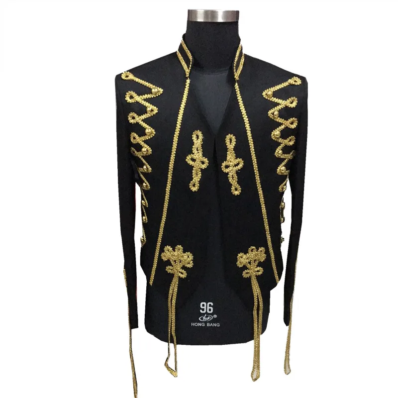 

Male Military Style Golden Floral Decoration None Button Chorus Performance Blazer Jacket Men's Vintage Dress Party Slim Suits