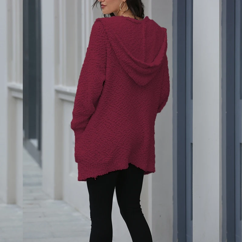 

Women's Loose Solid Color Hooded Cardigan Jacket Spring and Autumn Long-Sleeve Open Front Knitted Outerwear