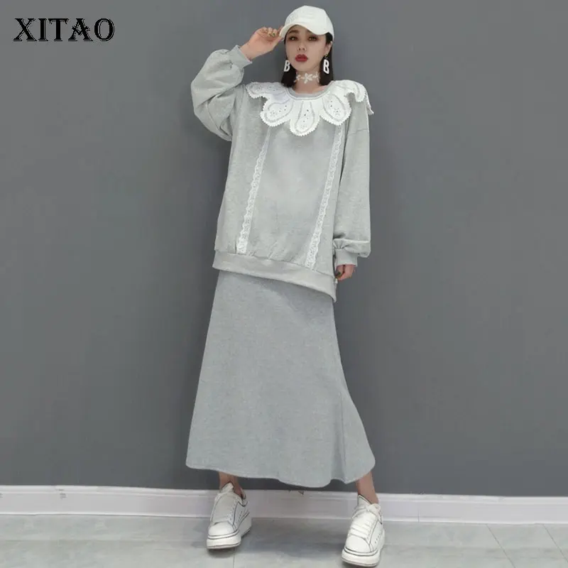 

XITAO Women Two Piece Set Ruffle Patchwork Full Sleeve Pleated Top Elastic Waist Split Skirt Small Fresh Casual 2021 GWJ1099