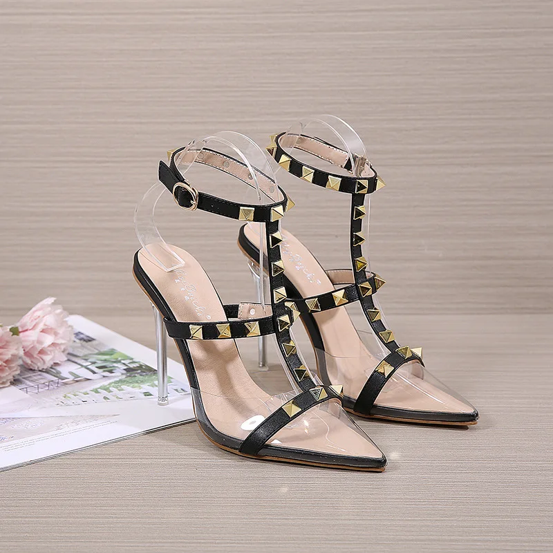 

Summer Transparent Pumps Women Sexy Pointed Toe Rivets Design Crystal Heel Ladies Shoes Stiletto High Heels Wedding Dress Shoes